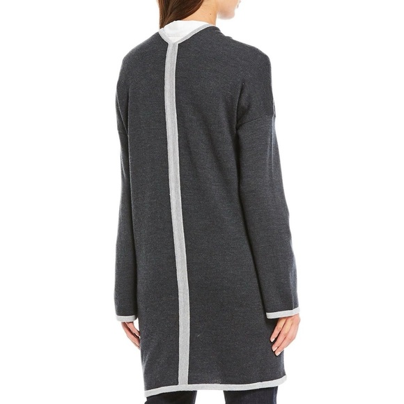 Eileen Fisher Merino Wool Open Front Cardigan Gray Contrast Trim Sustainable - Picture 2 of 13